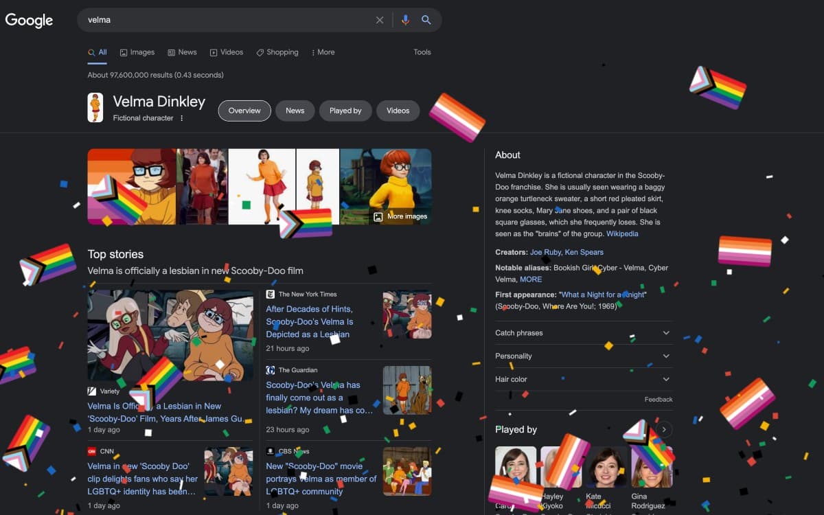 Con banderas y confeti, así celebró Google que Vilma de Scooby-Doo es parte de la comunidad LGBT+