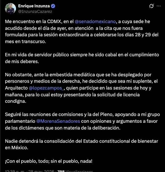 Inzunza pide licencia, a casi un mes de que EE.UU. presentó cargos por narco