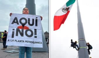 Escalan asta bandera en el Zócalo para exigir cancelar planta de amoníaco en Topolobampo