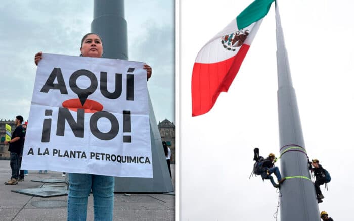 Escalan asta bandera en el Zócalo para exigir cancelar planta de amoníaco en Topolobampo
